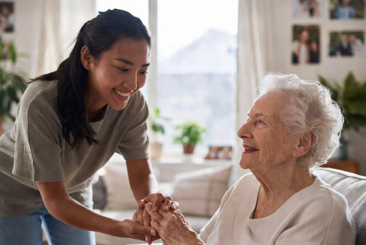 Compassionate caregiver assisting elderly client in a warm home setting