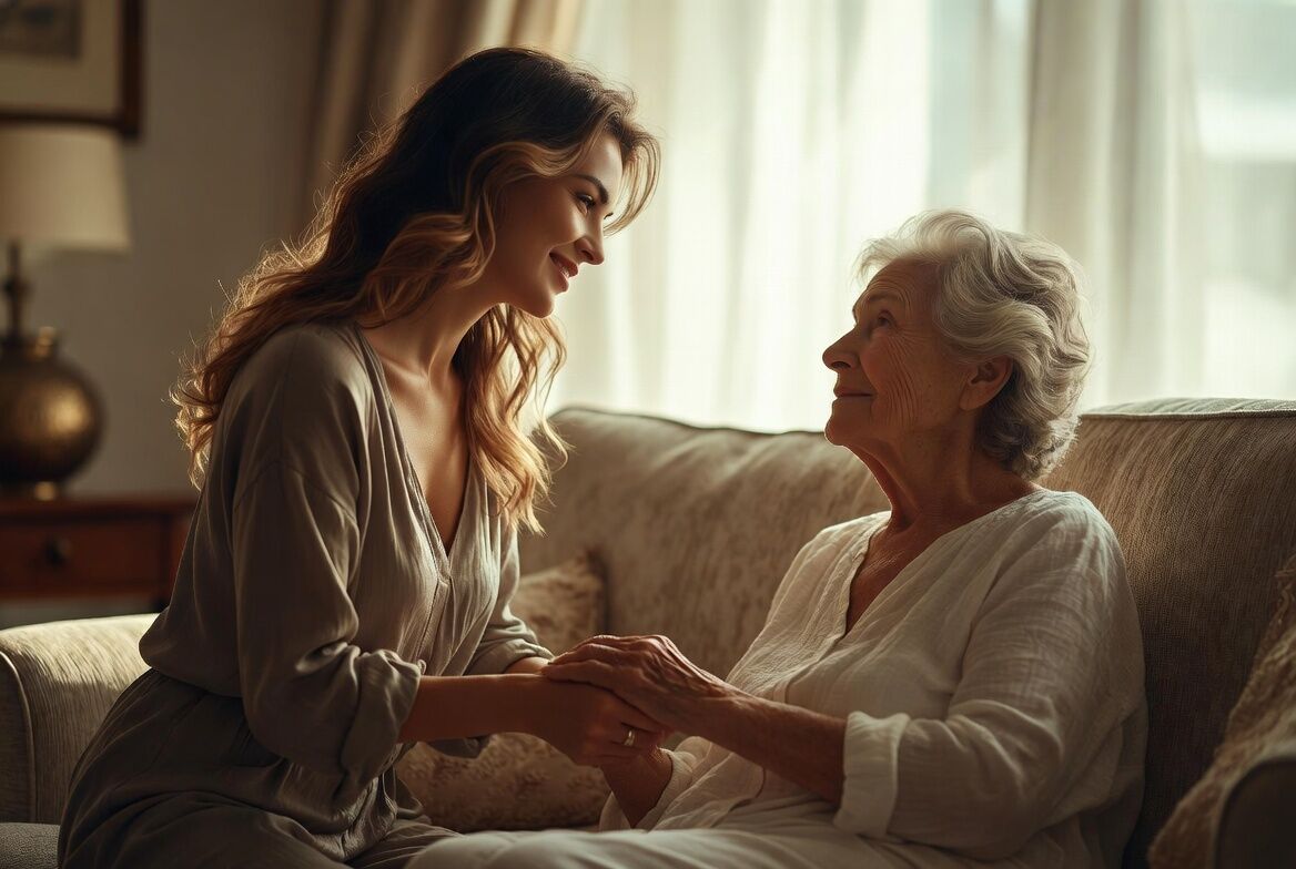 Compassionate caregiver connecting with an elderly client in a warm home setting