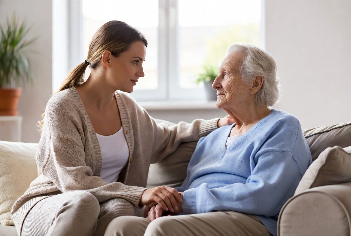 Caregiver providing calm, supportive dementia care at home