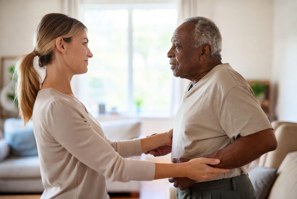 Caregiver assisting an elderly client with safe mobility at home